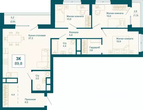 3-к кв. Свердловская область, Екатеринбург ул. 8 Марта, 197 (89.8 м)