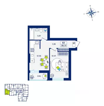 1-к кв. Калининградская область, Зеленоградск  (38.51 м)