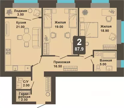 2-к кв. Чувашия, Чебоксары ул. И.П. Прокопьева (87.9 м)