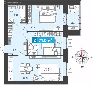 2-комнатная квартира: Засечное, Прибрежный бульвар, 5 (71 м)