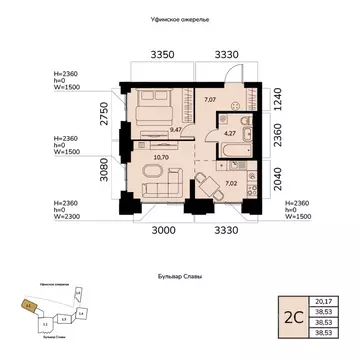 2-к кв. Башкортостан, Уфа ул. Чудинова (38.53 м)
