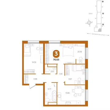3-комнатная квартира: Горьковка, жилой комплекс Крылья (76.63 м)