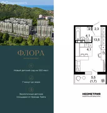 1-комнатная квартира: Сочи, улица Искры, 66/9к8 (25.7 м)