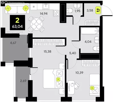 2-комнатная квартира: Тюмень, жилой комплекс Мотивы (63.04 м)