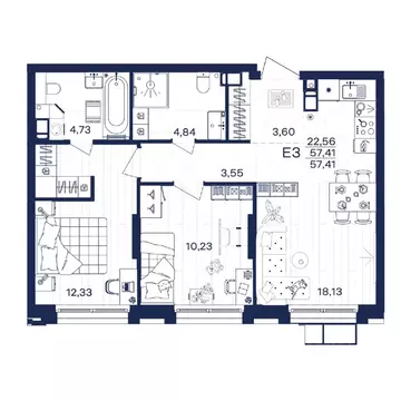 2-к кв. Тульская область, Тула Гармония жилой комплекс (57.41 м)