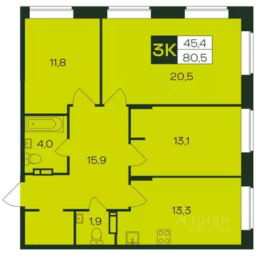 3-к кв. Чувашия, Чебоксары просп. Чебоксарский (80.9 м)