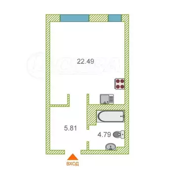 Квартира-студия: Тюмень, Краснооктябрьская улица, 6 (33 м)