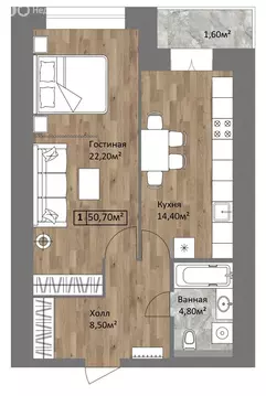 1-комнатная квартира: Ярославль, Старая Костромская улица, 6 (50 м)