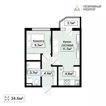 1-к кв. Санкт-Петербург ул. Оптиков, 34К1 (35.0 м)