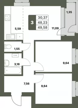 3-к кв. Башкортостан, Уфимский район, с. Миловка  (49.58 м)