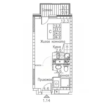 1-к кв. Приморский край, Владивосток ул. Расула Гамзатова, 7к1 (26.0 ...