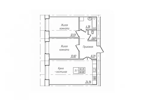 3-к кв. Чувашия, Чебоксары ул. Фридриха Энгельса, поз7 (64.69 м)