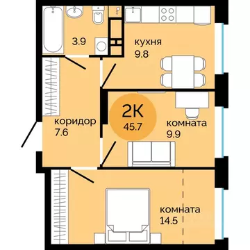 2-к кв. Пермский край, Пермь ул. Яблочкова, 5к4 (45.7 м)