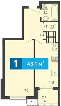 1-комнатная квартира: Засечное, Прибрежный бульвар, 5 (43.1 м)