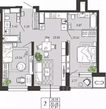 2-к кв. Тульская область, Тула ул. Фридриха Энгельса, 74 (67.87 м)