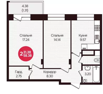 2-к кв. Чувашия, Чебоксары Фруктовая ул., поз1 (58.38 м)
