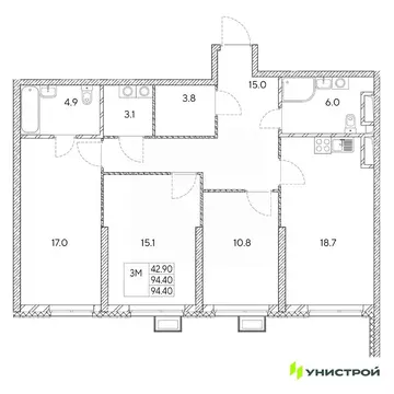 3-к кв. Свердловская область, Екатеринбург Вторчермет жилрайон,  (94.4 ...