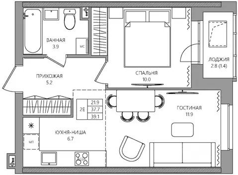 2-к кв. Пермский край, Пермь Батумская ул., 21 (39.1 м)