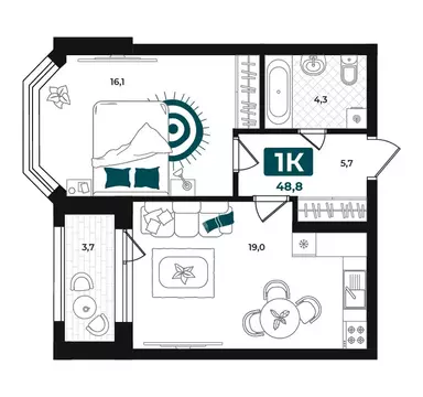 1-комнатная квартира: Тюмень, улица Евгения Войнова, 8 (48.8 м)