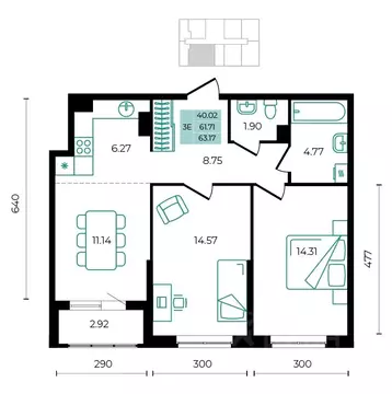 3-к кв. Адыгея, Майкопский район, пос. Тульский  (63.17 м)