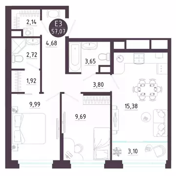 2-к кв. Тульская область, Тула ул. Купцов Гречихиных (57.07 м)