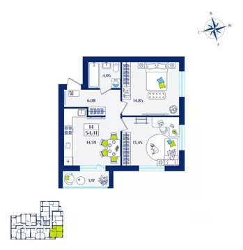 2-к кв. Калининградская область, Зеленоградск  (54.41 м)