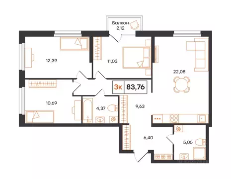 3-к кв. Тюменская область, Тюмень Фатера жилой комплекс (83.76 м)
