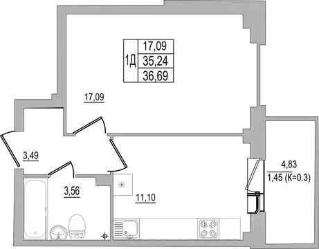 1-к кв. Псковская область, Псков ул. Юности, 32 (36.69 м)