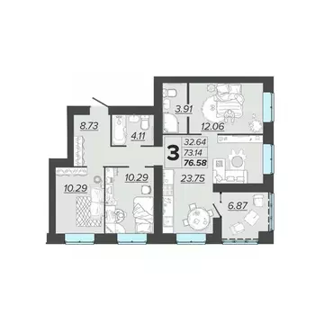 3-к кв. Брянская область, Брянск Архитектор жилой комплекс (76.58 м)