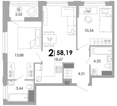 2-к кв. Владимирская область, Владимир Уно жилой комплекс (58.19 м)