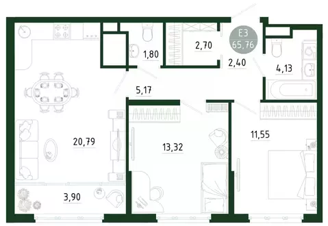 2-к кв. Тульская область, Тула Платон Парк жилой комплекс (65.76 м)