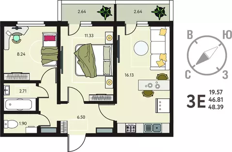 2-комнатная квартира: Курск, улица Энгельса, 115/6 (48.39 м)