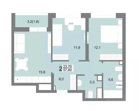 2-к кв. Свердловская область, Екатеринбург ул. Семена Лагоды, 80 (57.8 ...