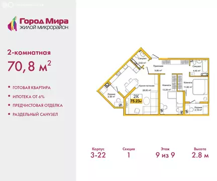 2-комнатная квартира: Симферополь, улица Батурина, 177к3 (70.8 м)