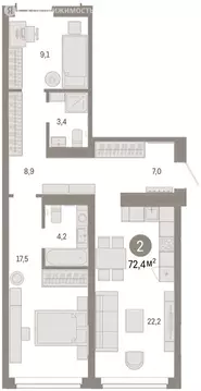 3-комнатная квартира: Тюмень, улица Республики, 205к2 (72.1 м)
