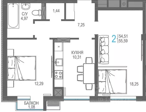 2-к кв. Крым, Симферопольский район, Гвардейское пгт, Республика жилой ...