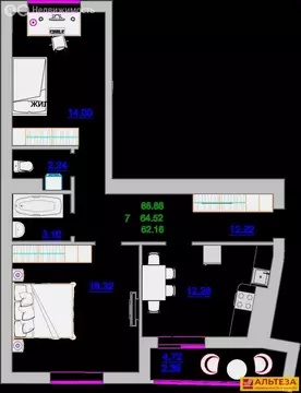 2-комнатная квартира: Зеленоградск, улица Тургенева, 16А (65.1 м)