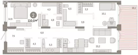 2-комнатная квартира: Тюмень, улица Республики, 205к2 (110.2 м)