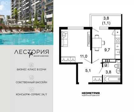 1-комнатная квартира: Сочи, улица Искры, 66/10 (30.7 м)
