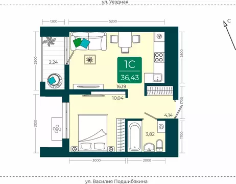 1-комнатная квартира: Тюмень, улица Василия Подшибякина, 9 (36.43 м)