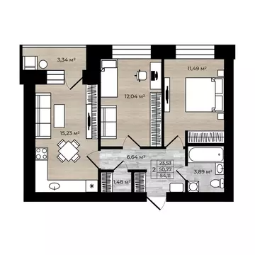 2-к кв. Ярославская область, Ярославль Тормозное ш. (54.11 м)