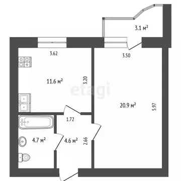 1-к кв. Тюменская область, Тюмень ул. Баумана, 31/2 (41.8 м)