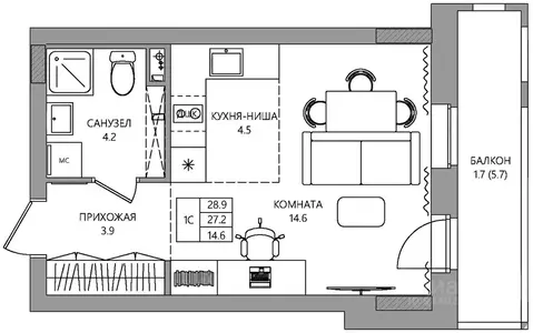 Студия Пермский край, Пермь Самолетная ул., 6 (28.9 м)