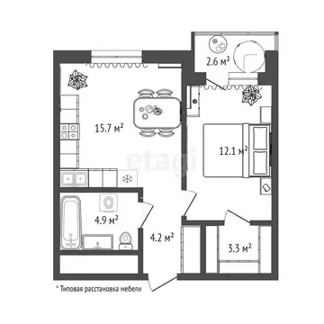 1-комнатная квартира: Тюмень, улица Республики, 204к17 (41.55 м)