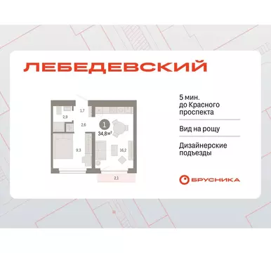 1-комнатная квартира: Новосибирск, квартал Лебедевский, 1/3 (34.8 м)