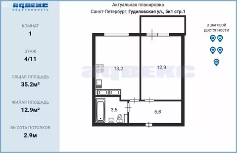 1-комнатная квартира: Санкт-Петербург, Гудиловская улица, 5к1 (35.2 м)