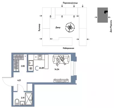 Студия Тюменская область, Тюмень Береговая ул., 100к2 (24.89 м)