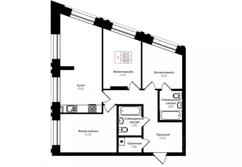 3-к кв. Татарстан, Казань Лето жилой комплекс (79.78 м)