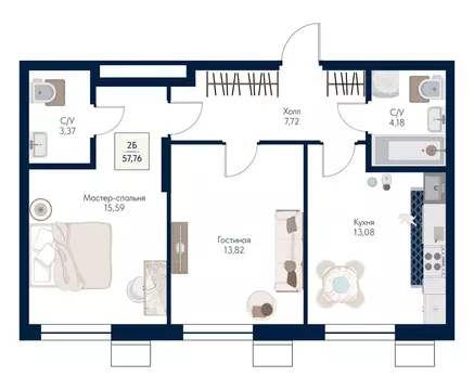 2-комнатная квартира: Мытищи, ЖК Бархат (57.76 м)