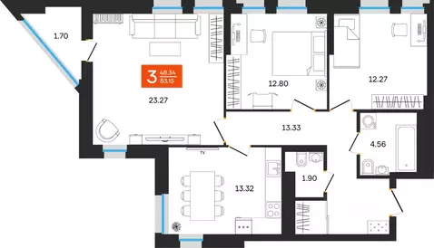 3-к кв. Башкортостан, Уфа ул. Султанова, 28 (83.15 м)